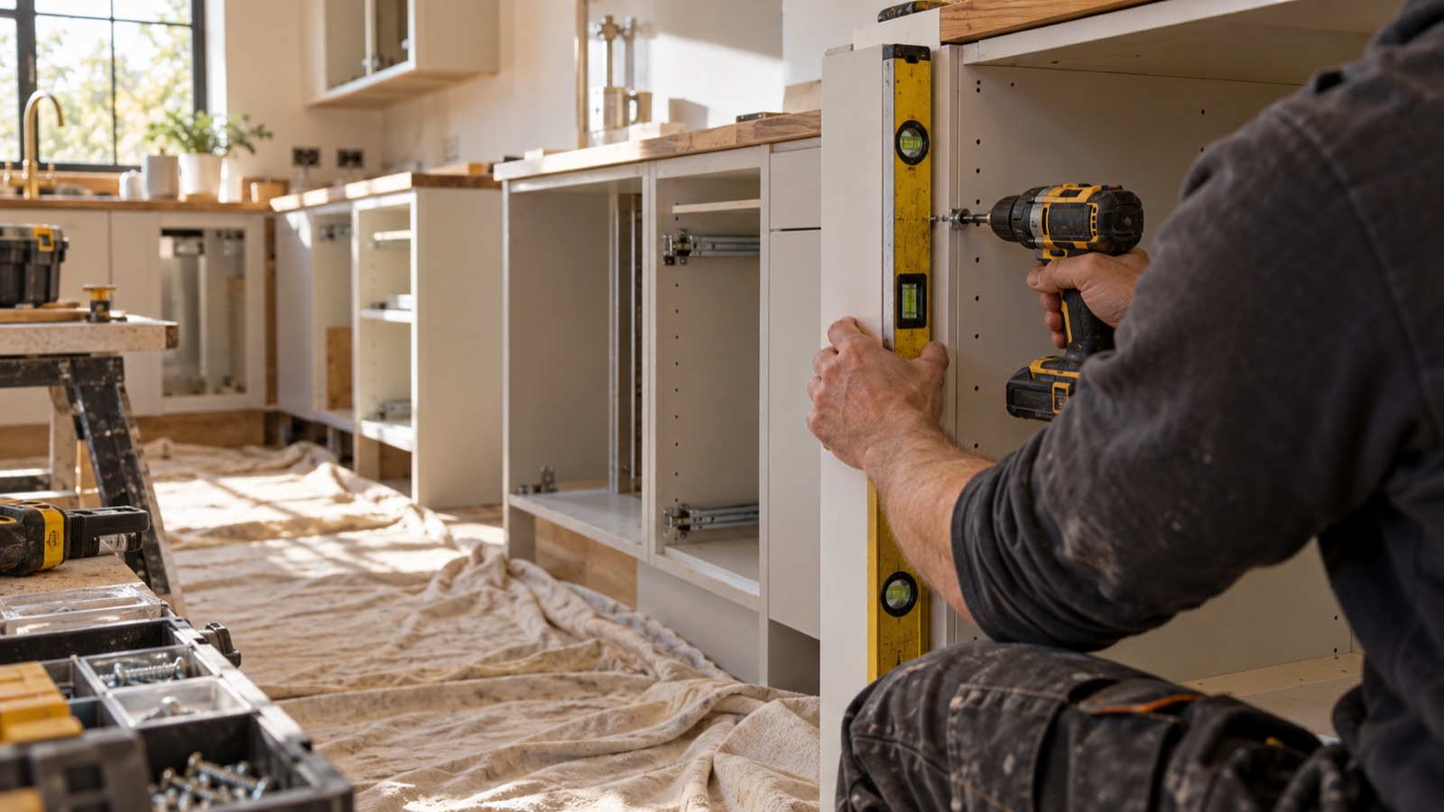 A fitter levelling a kitchen cabinet carcass with a spirit level and cordless drill