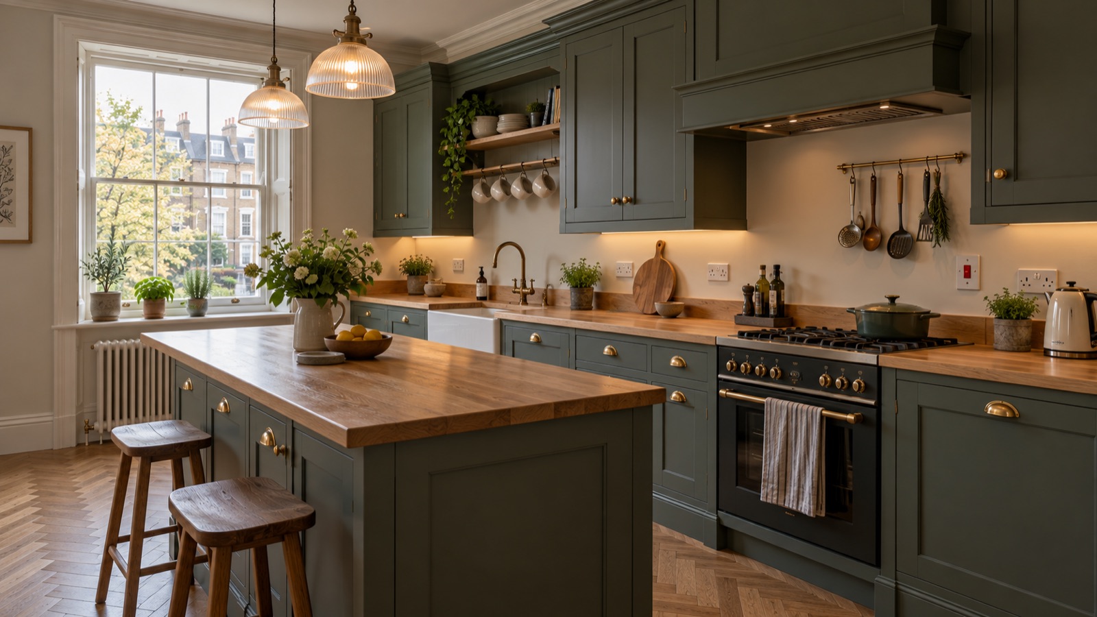 Finished shaker kitchen showing plinth, cornice, skirting and radiator